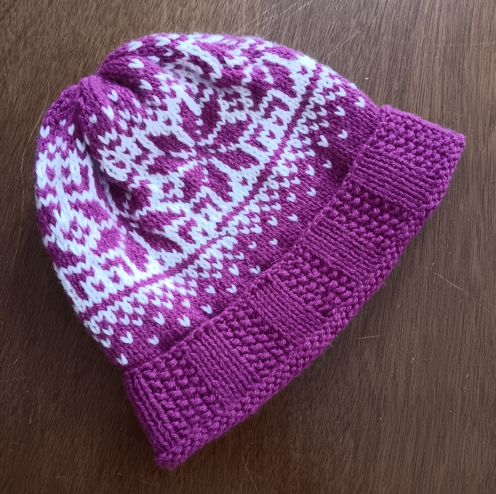 Handmade Handknit Magenta & White Scandinavian Motif Beanie Hat Adult OSFM